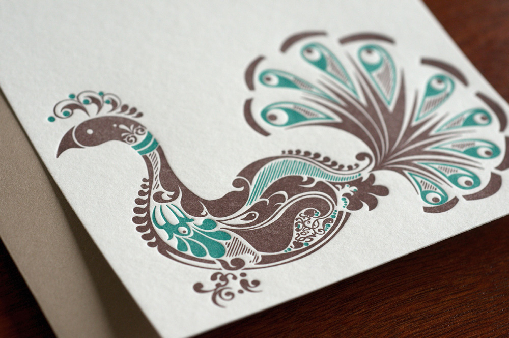 peacock letterpress flat card